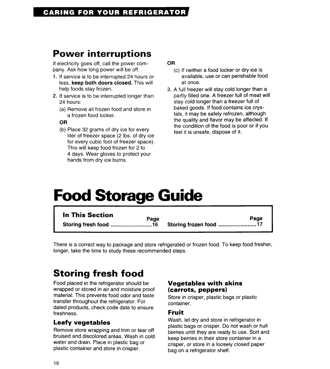 Whirlpool 3VET23DK Food Storage Guide, Power interruptions, Storing fresh food, In This, Section, Leafy vegetables, Fruit 