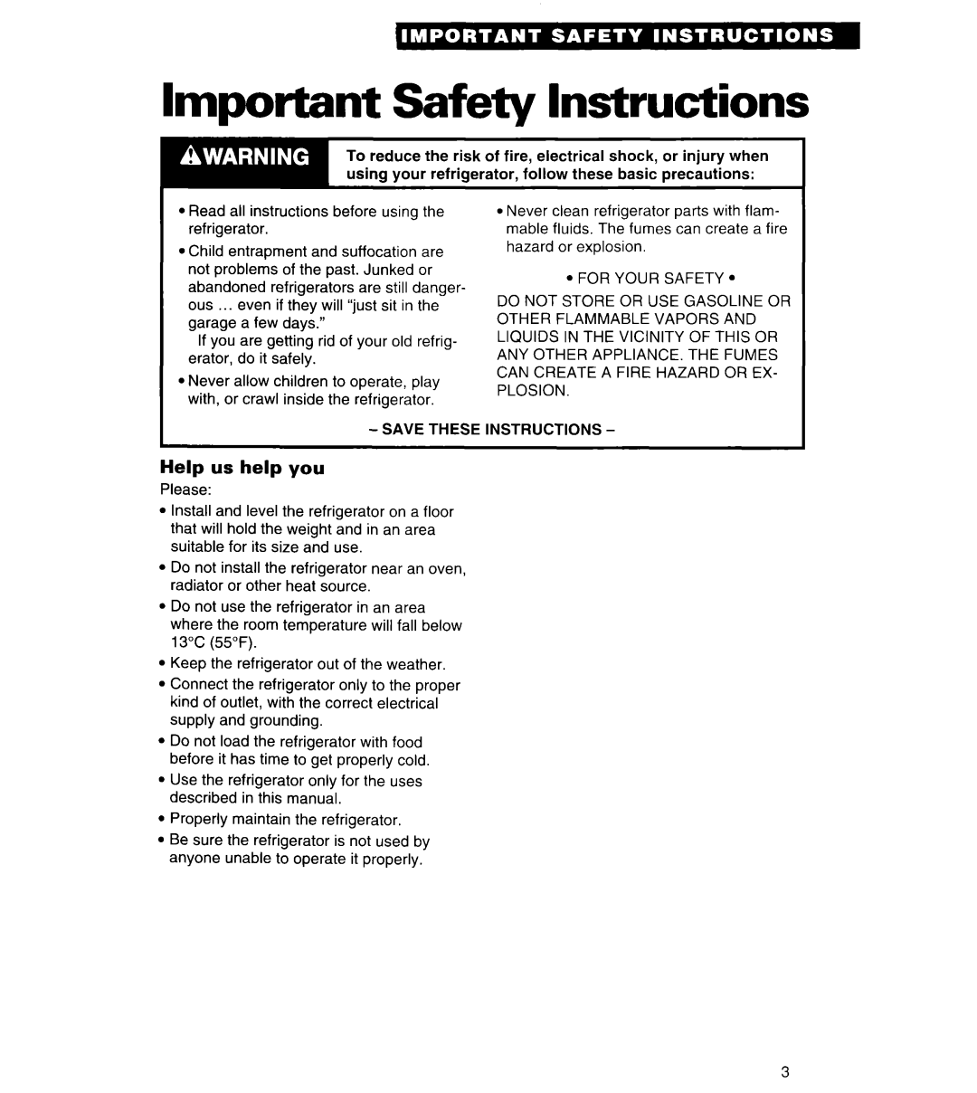 Whirlpool 3VET21DK, 3VET23DK, 3VETlSDK important safety instructions Important Safety Instructions, Help us help you 