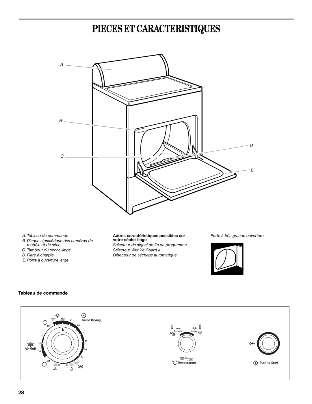 Whirlpool 3XKER5437 manual Pieces ET Caracteristiques, Tableau de commande 