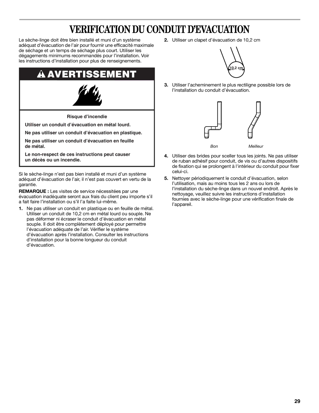 Whirlpool 3XKER5437 Verification DU Conduit D’EVACUATION, Le sèche-linge doit être bien installé et muni d’un système 