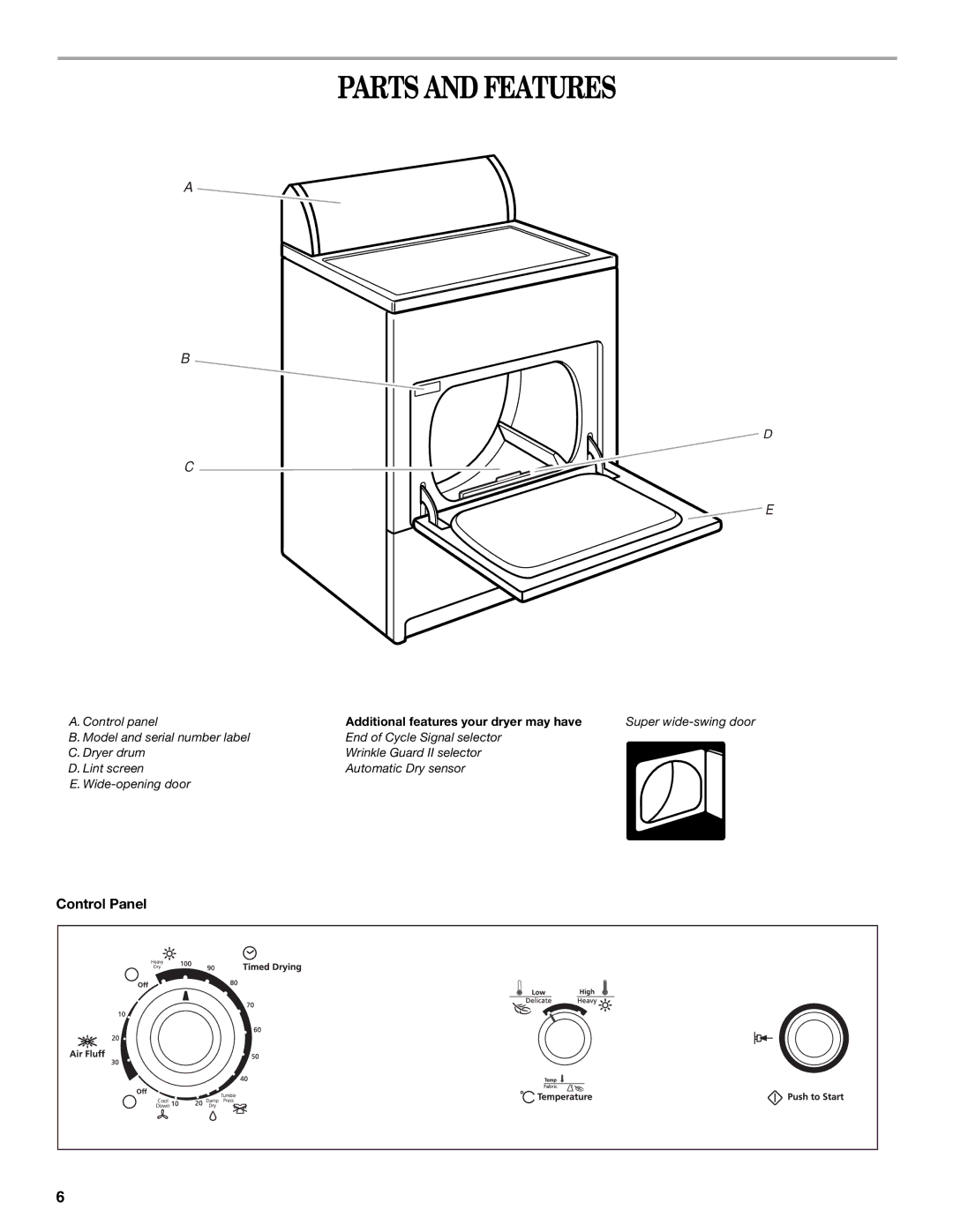 Whirlpool 3XKER5437 manual Parts and Features, Control Panel 