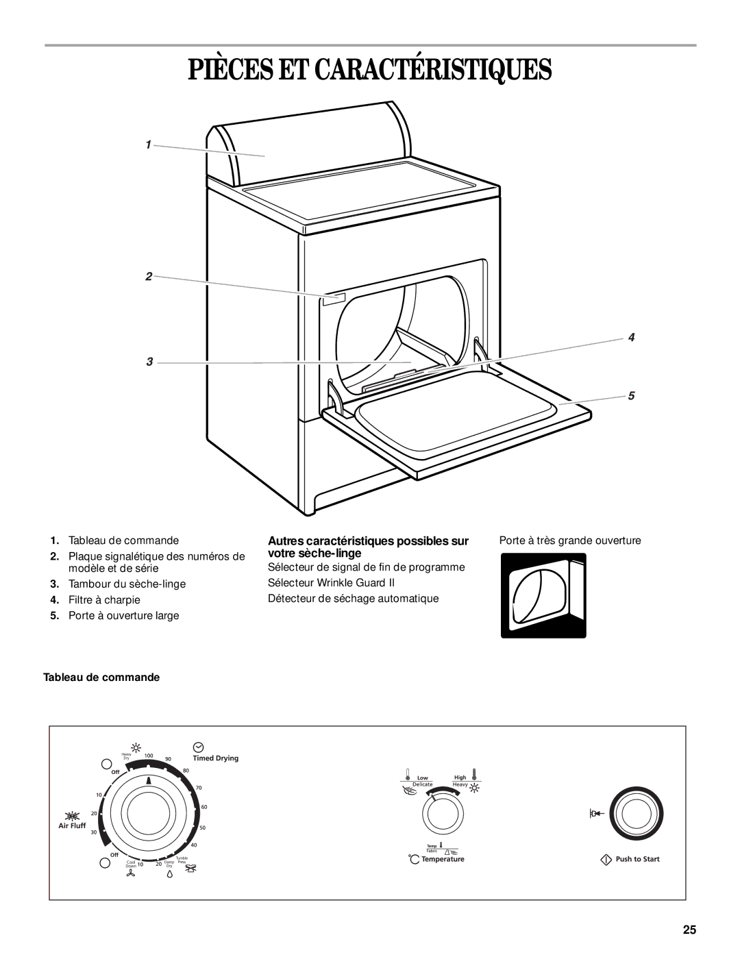 Whirlpool 3XLER5437, 3XLEQ8000 manual Pièces ET Caractéristiques, Autres caractéristiques possibles sur, Votre sèche-linge 