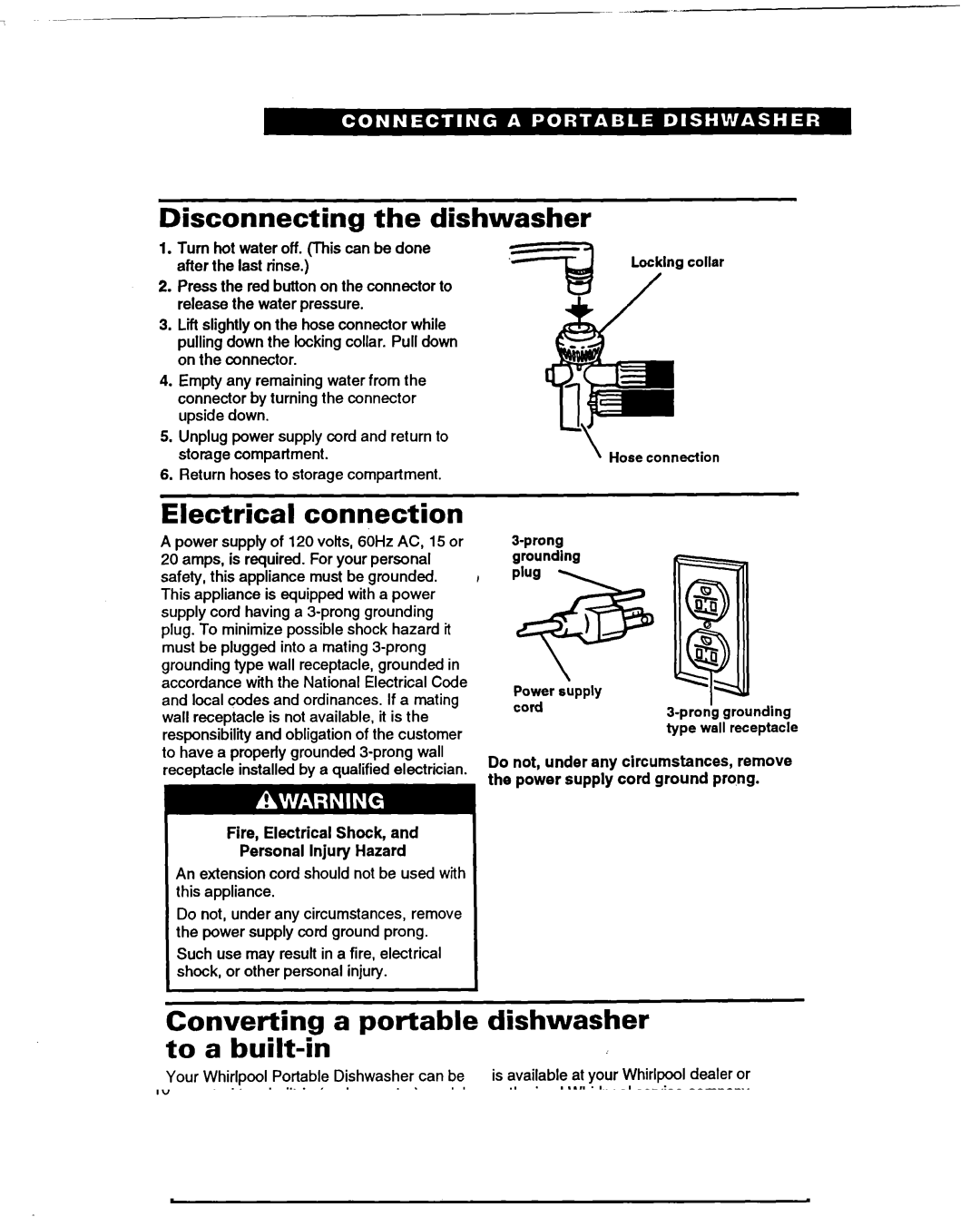 Whirlpool 400 warranty Disconnecting the dishwasher, Electrical connection, Converting a portable dishwasher to a built-in 