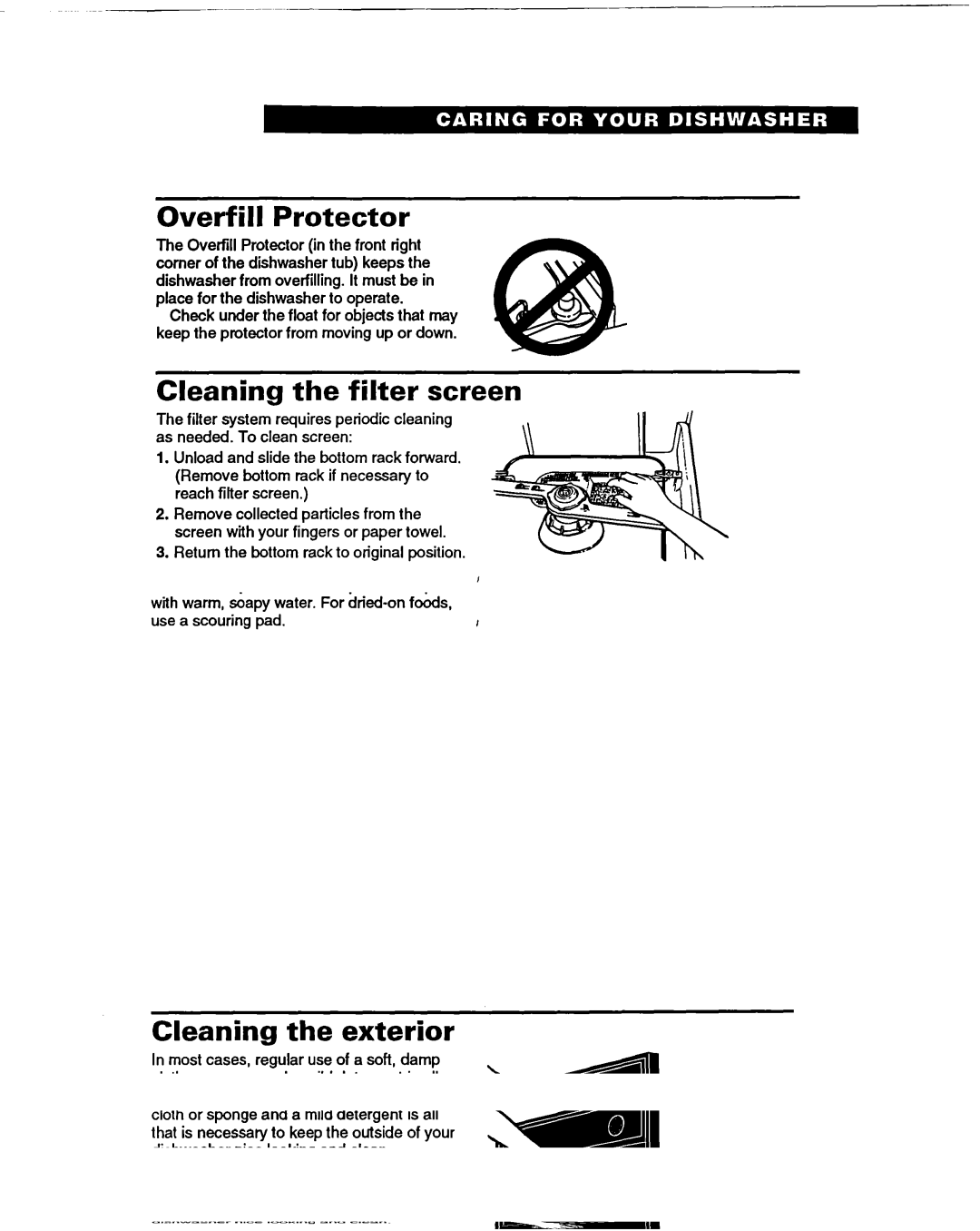 Whirlpool 400 warranty Overfill Protector, Cleaning the filter screen, Return the bottom rack to original position 