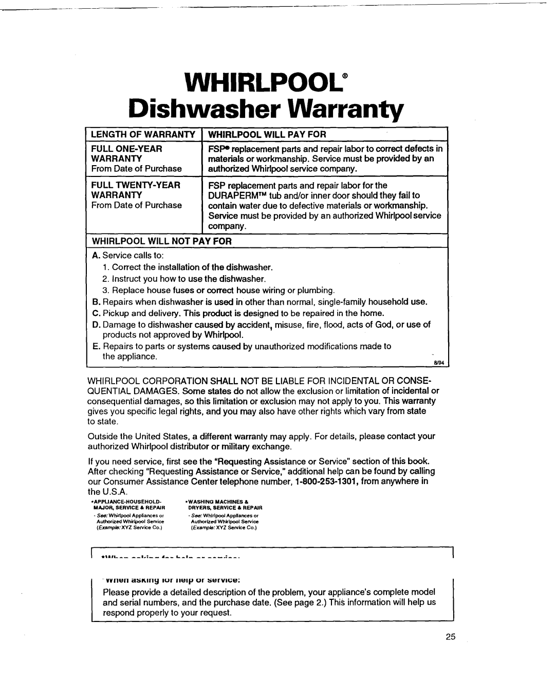 Whirlpool 400 Length of Warranty 1 Whirlpool will PAY for, Full ONE-YEAR, Full TWENTY-YEAR, Whirlpool will not PAY for 