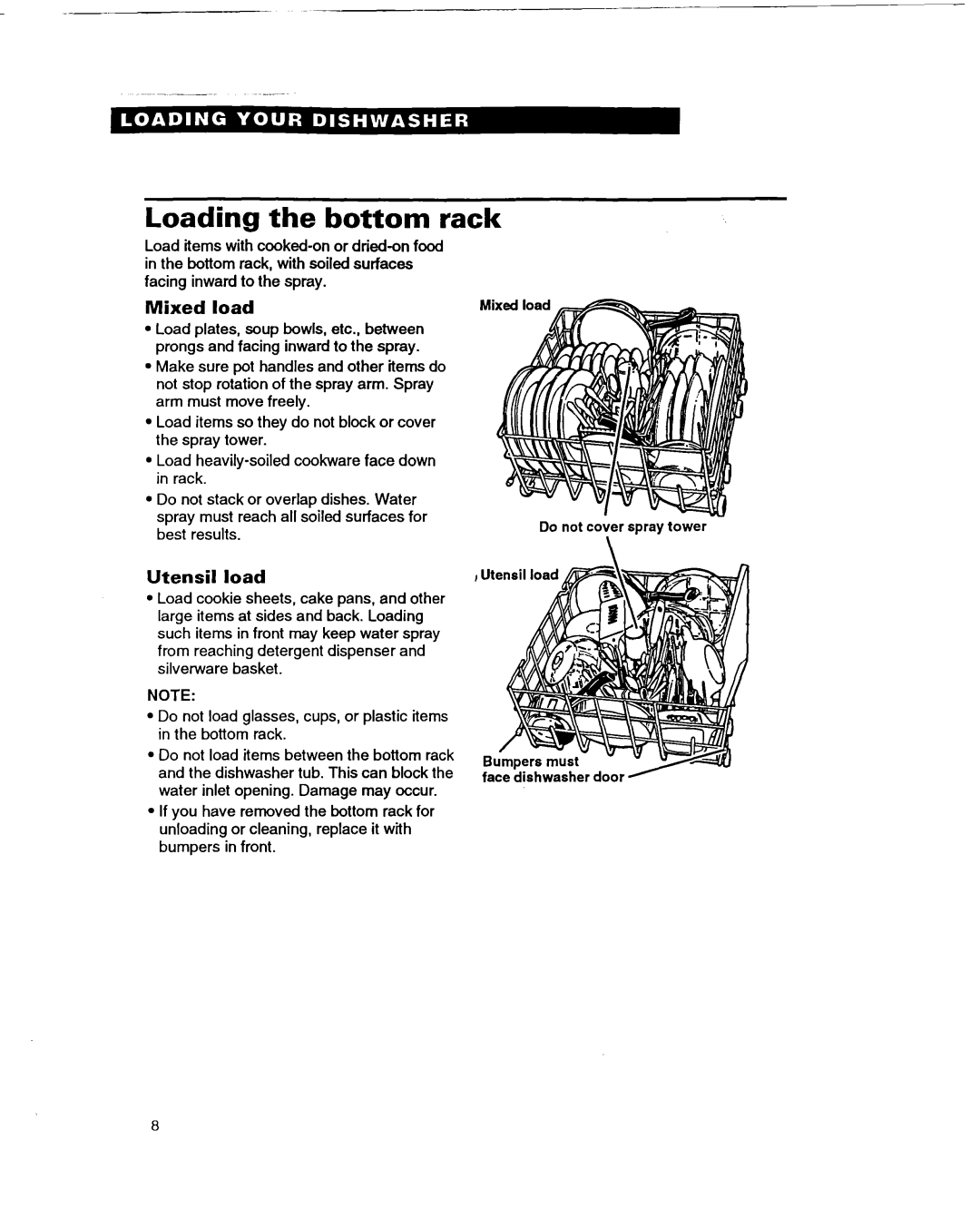 Whirlpool 400 warranty Loading the bottom rack, Mixed load, Utensil load, Best results 