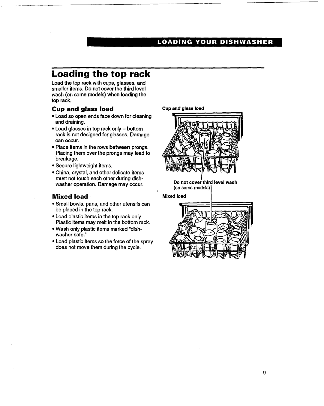 Whirlpool 400 warranty Loading the top rack, Cup and glass load, Wash only plastic items marked dish- washer safe 