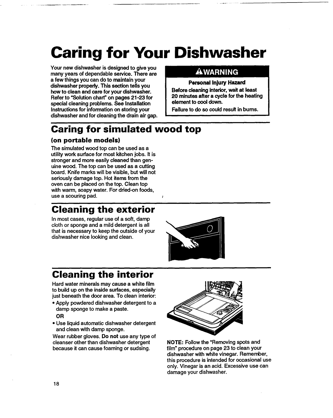 Whirlpool 400 Caring for Your, Dishwasher, Caring for simulated wood top, Cleaning the exterior, Cleaning the interior 