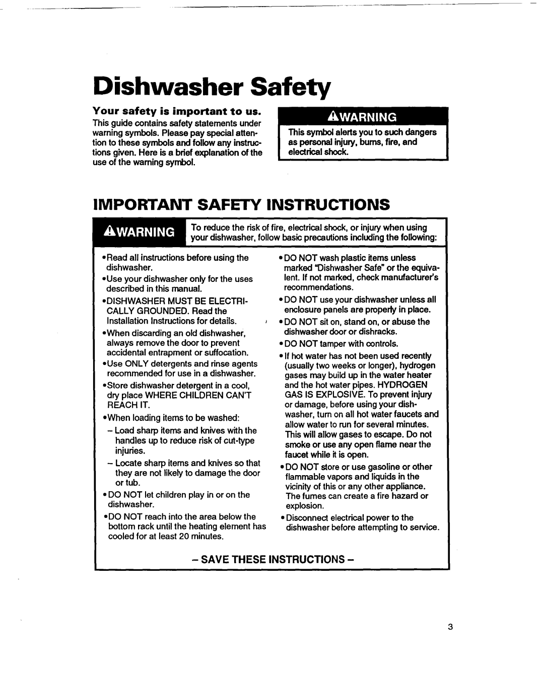Whirlpool 400 warranty Dishwasher Safety, IMPORTANT SAFt INSTRUCTIONS 