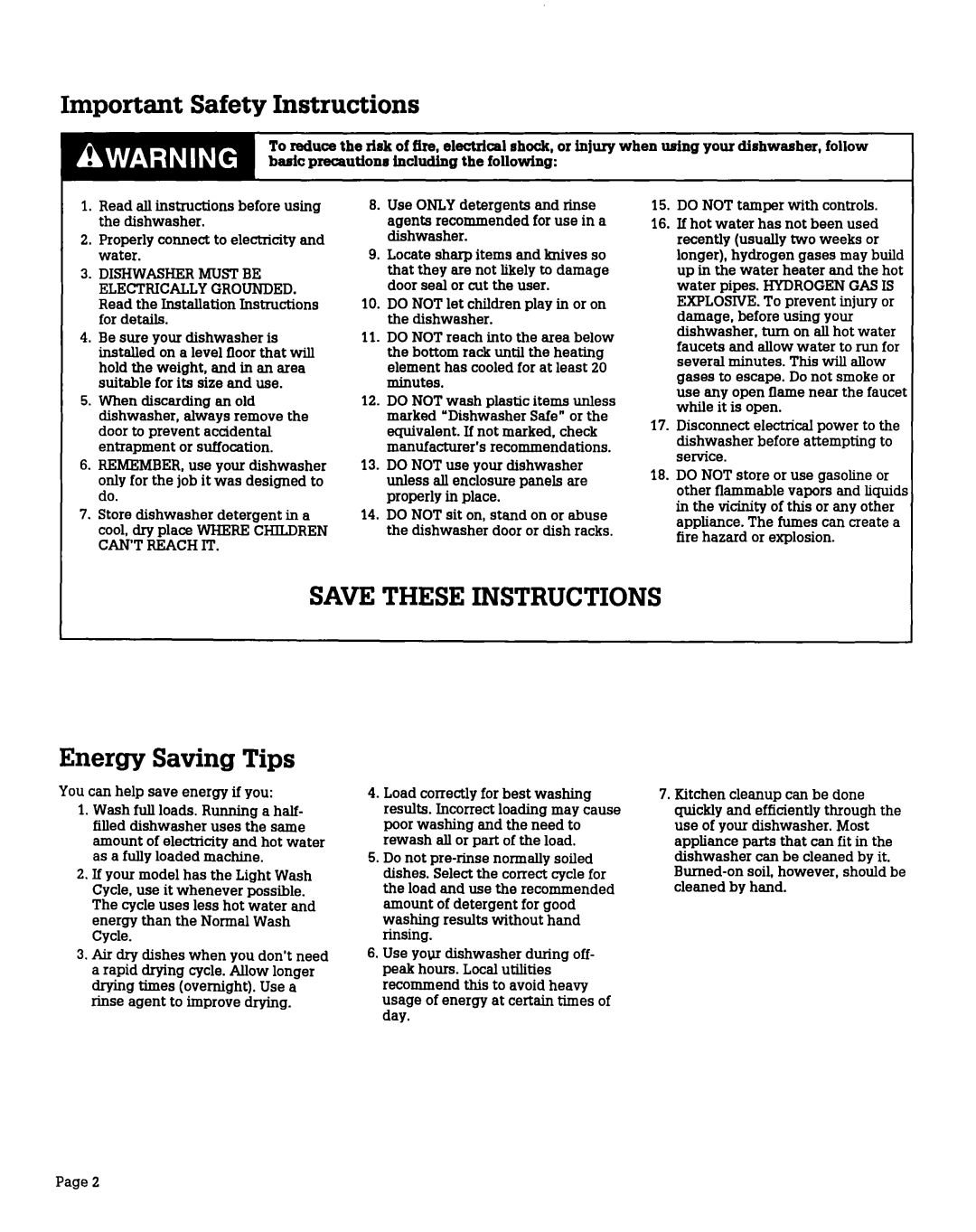 Whirlpool 408 warranty Important Safety Instructions, SAVETHESEINSTRUCTIONS Energy Saving Tips 