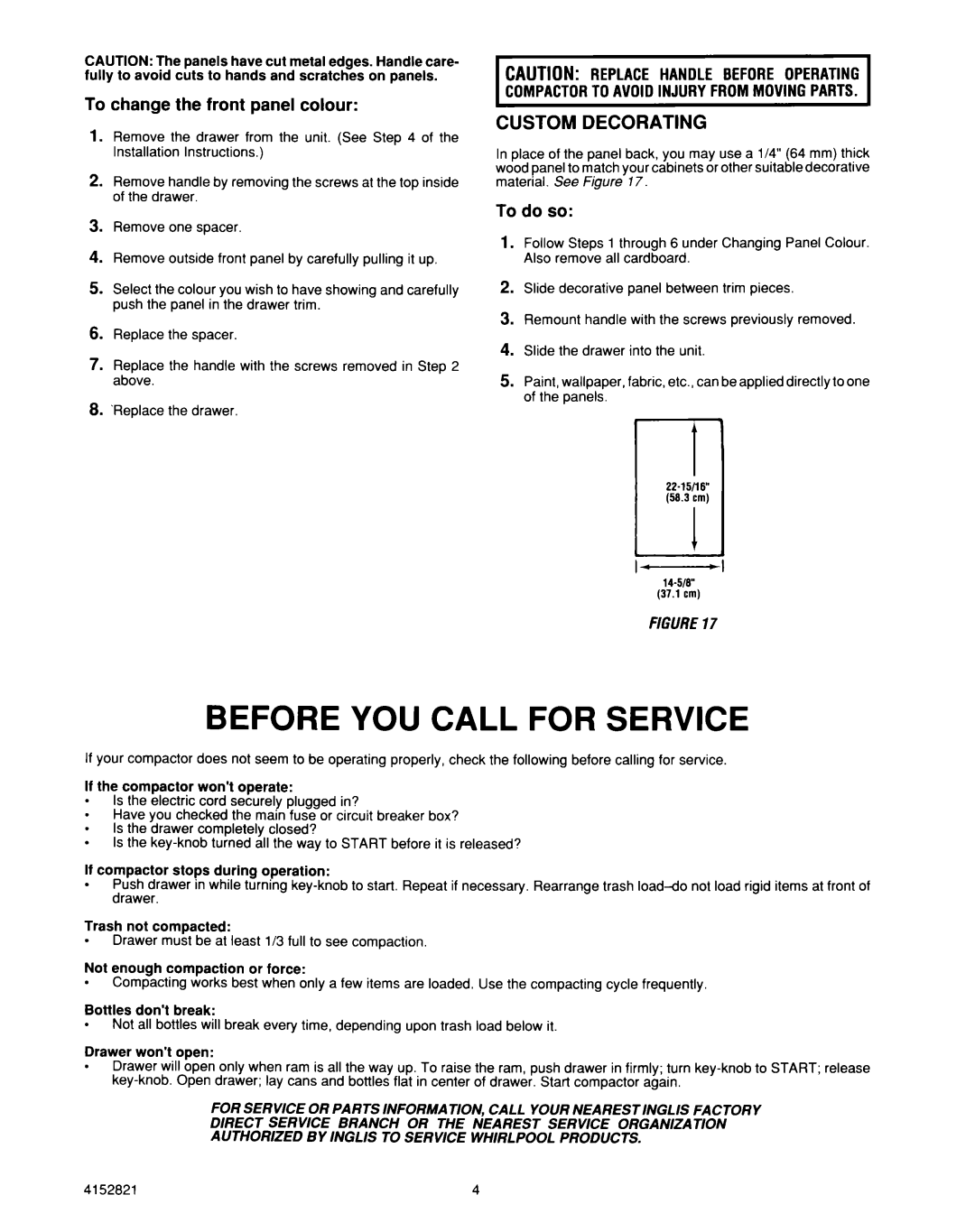 Whirlpool 4152821 installation instructions Before YOU Call for Service, Custom Decorating 