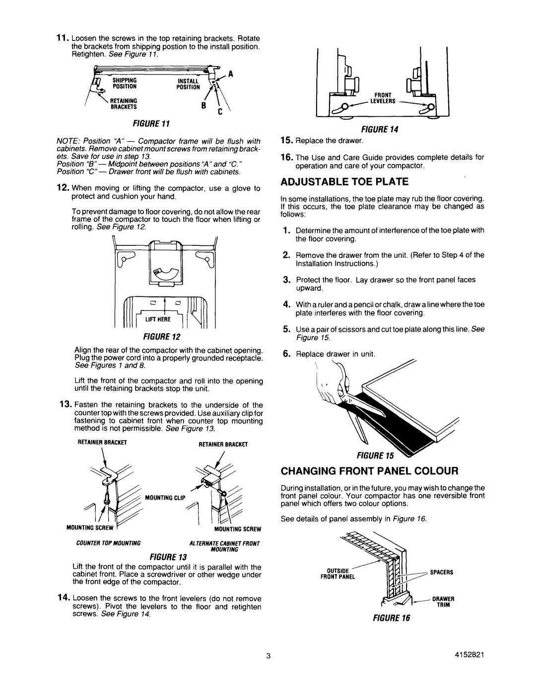 Whirlpool 4152821 installation instructions Adjustable Toe Plate, Changing Front Panel Colour 