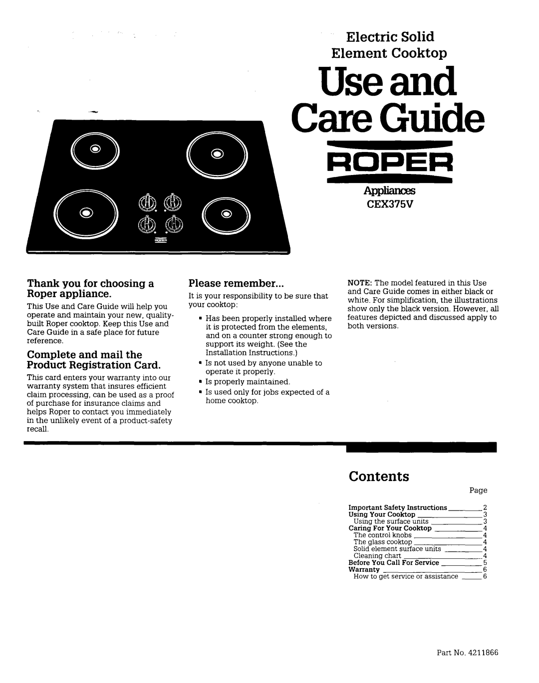 Whirlpool 4211866 warranty Electric Solid Element Cooktop, Contents 