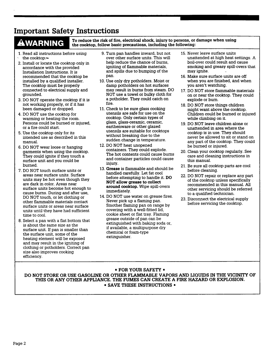 Whirlpool 4211866 warranty Important Safety Instructions, Read all instructions before using Cooktopv, Pan 