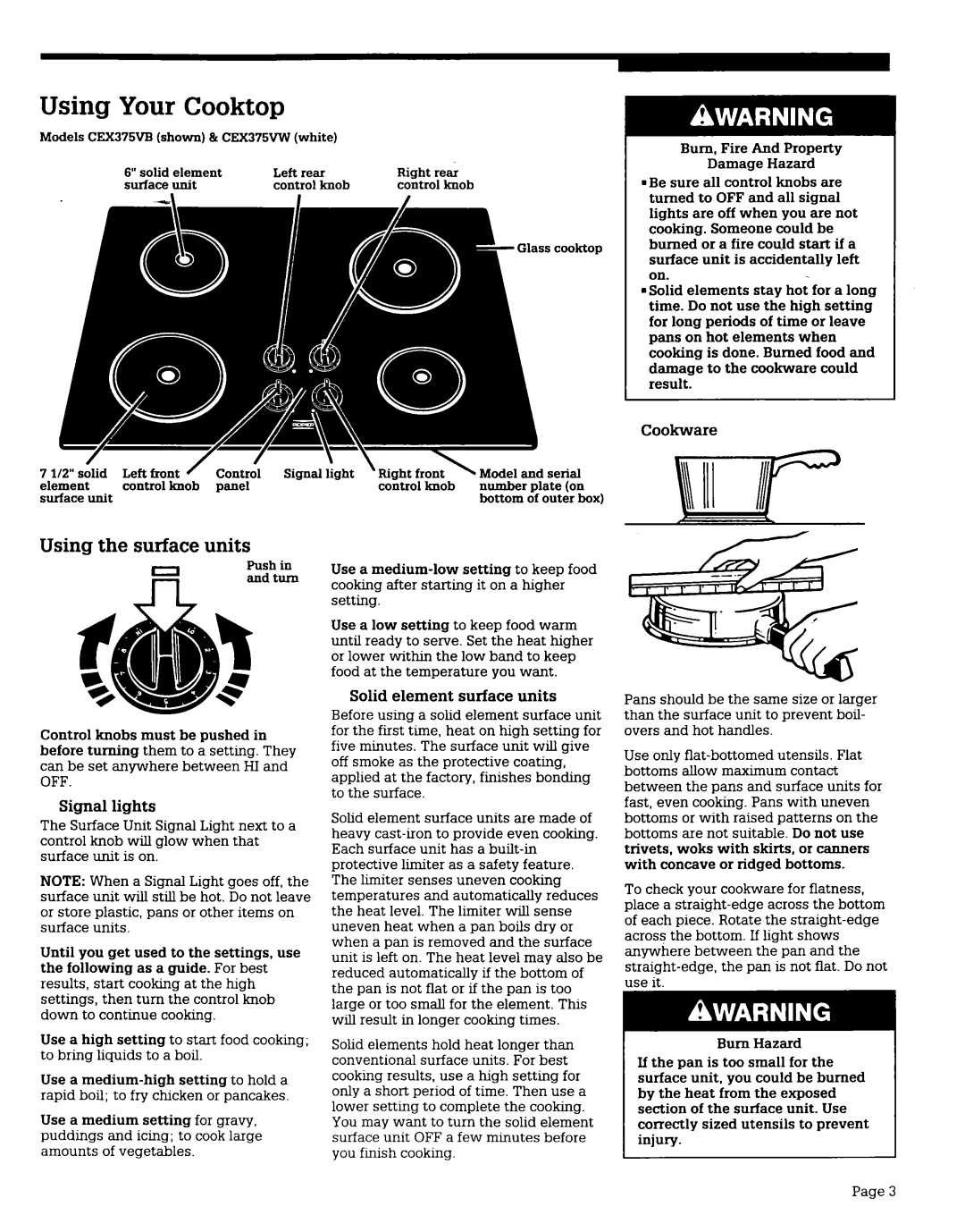 Whirlpool 4211866 Using Your Cooktop, Using the surface units, Cookware, Signal lights, Solid element surface units 