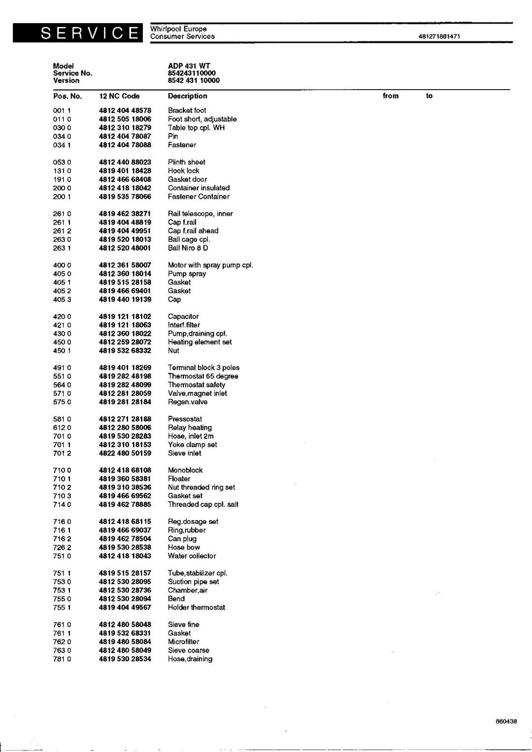 Whirlpool 431, WT service manual 860438 