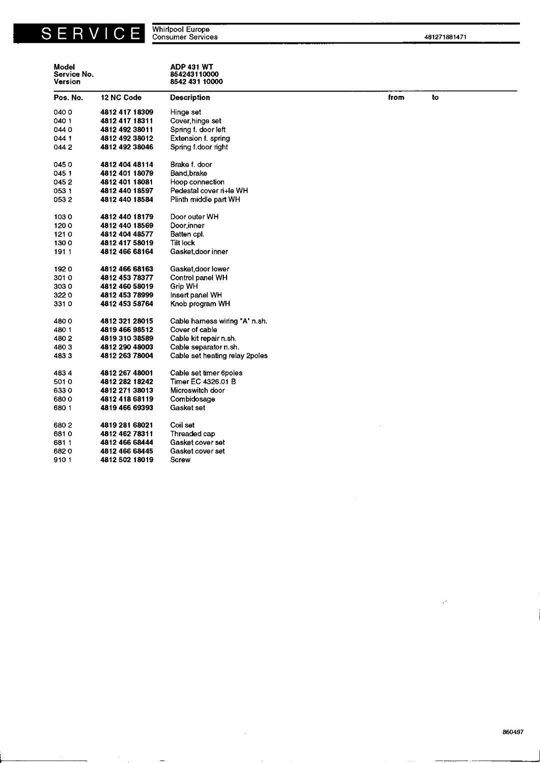 Whirlpool WT, 431 service manual Band,brake 0452 4812401 