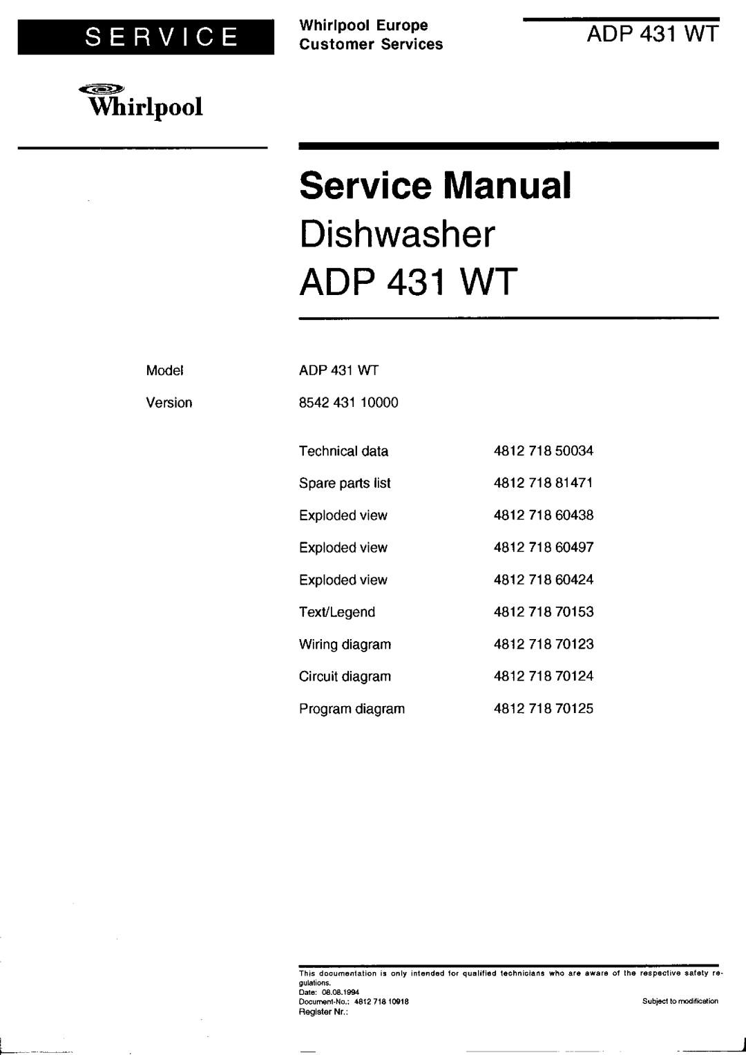 Whirlpool service manual ADP 431 WT, Dishwasher, Whirlpool Euro~e, AD P 431 WT, aJ ~,~, Customer Services, ra1 = 