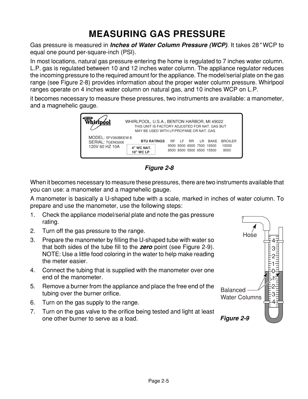 Whirlpool 4322452 manual Measuring GAS Pressure, WHIRLPOOL, U.S.A., Benton HARBOR, MI 