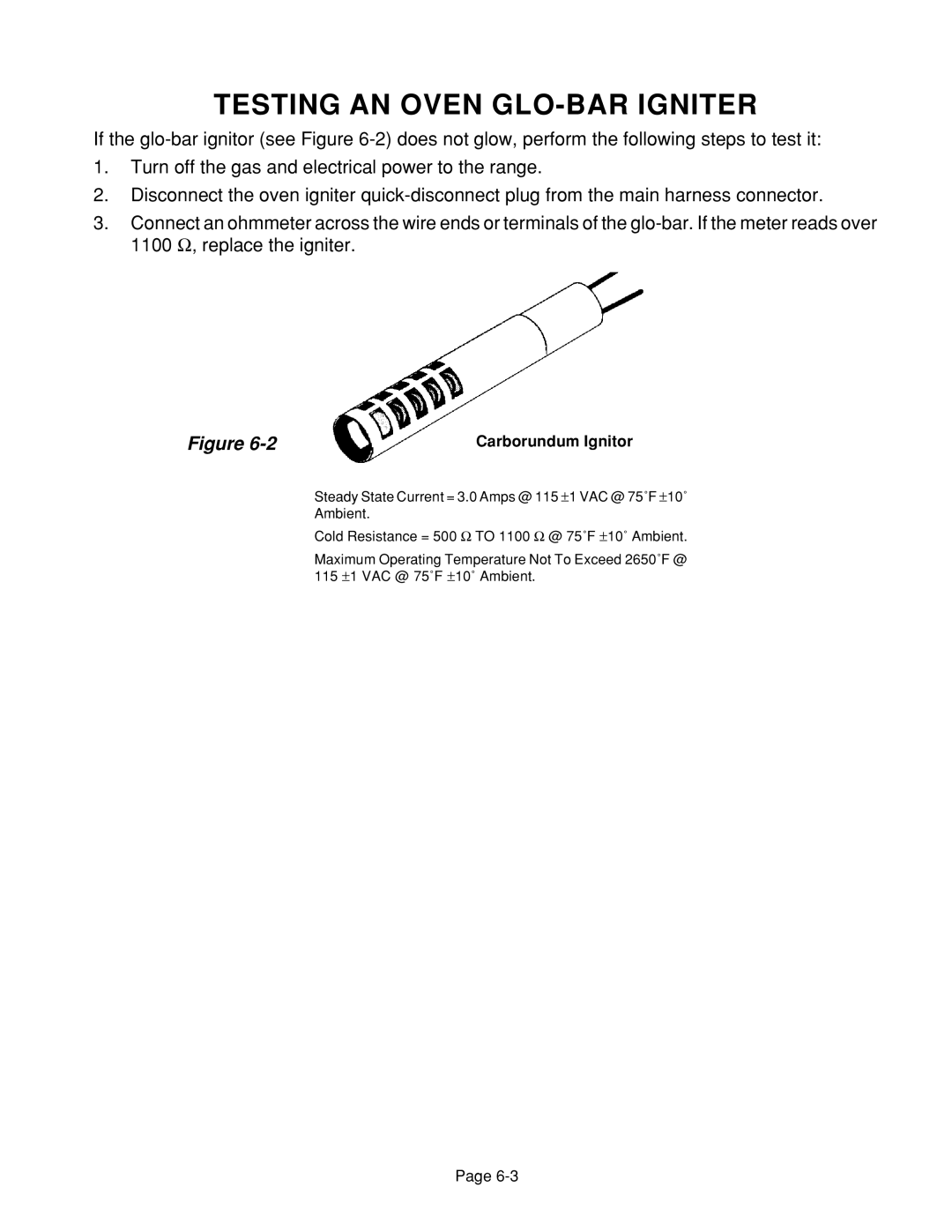 Whirlpool 4322452 manual Testing AN Oven GLO-BAR Igniter, Carborundum Ignitor 