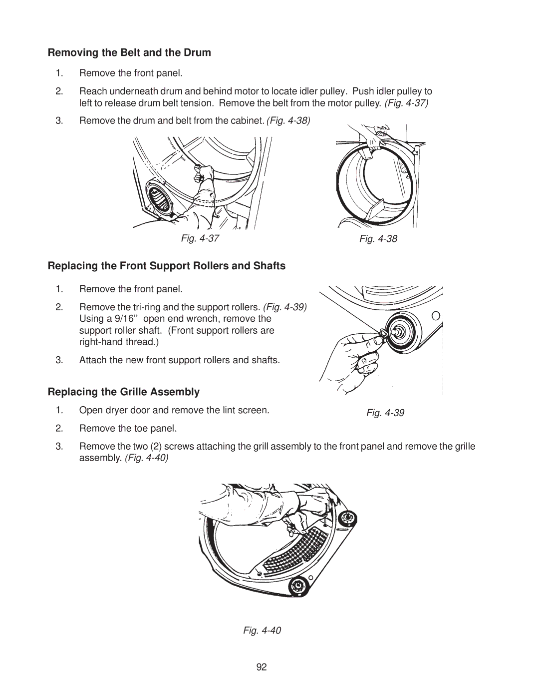 Whirlpool 4322616 manual Removing the Belt and the Drum, Replacing the Front Support Rollers and Shafts 