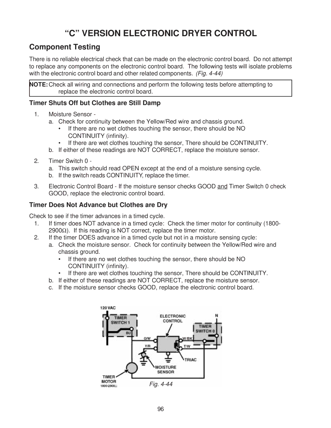 Whirlpool 4322616 manual Component Testing, Timer Shuts Off but Clothes are Still Damp 