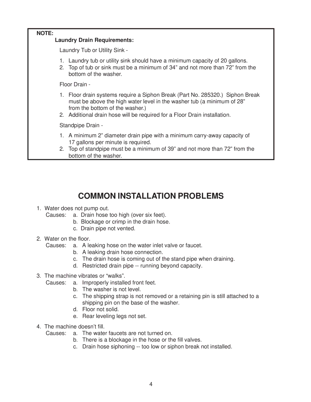 Whirlpool 4322616 manual Common Installation Problems, Laundry Drain Requirements 