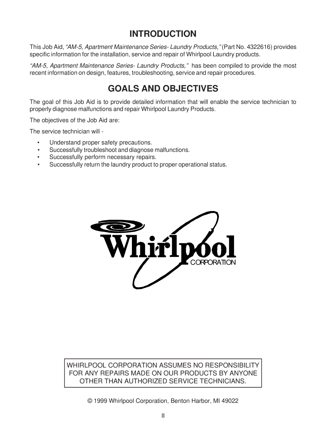 Whirlpool 4322616 manual Introduction, Goals and Objectives 