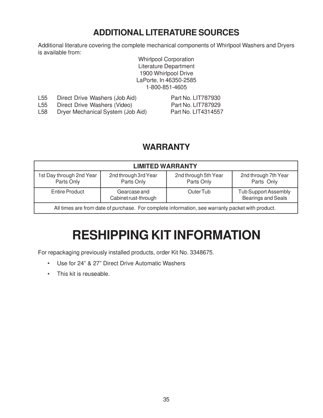 Whirlpool 4322616 manual Additional Literature Sources, Warranty 