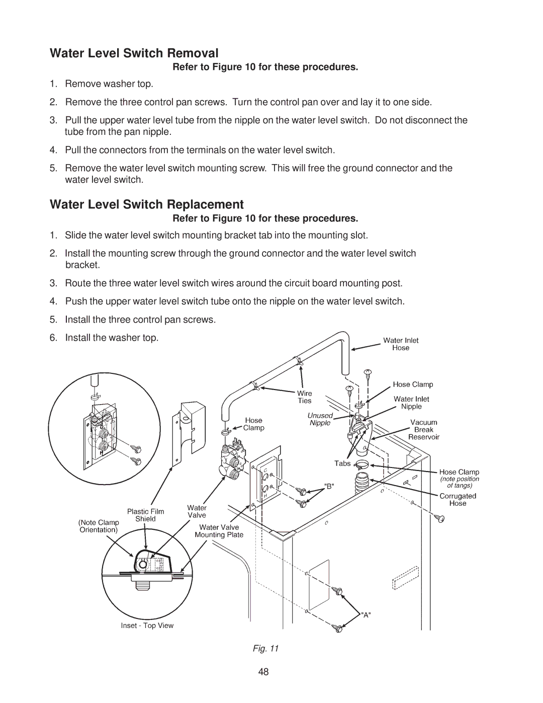 Whirlpool 4322616 manual Water Level Switch Removal, Water Level Switch Replacement, Refer to for these procedures 