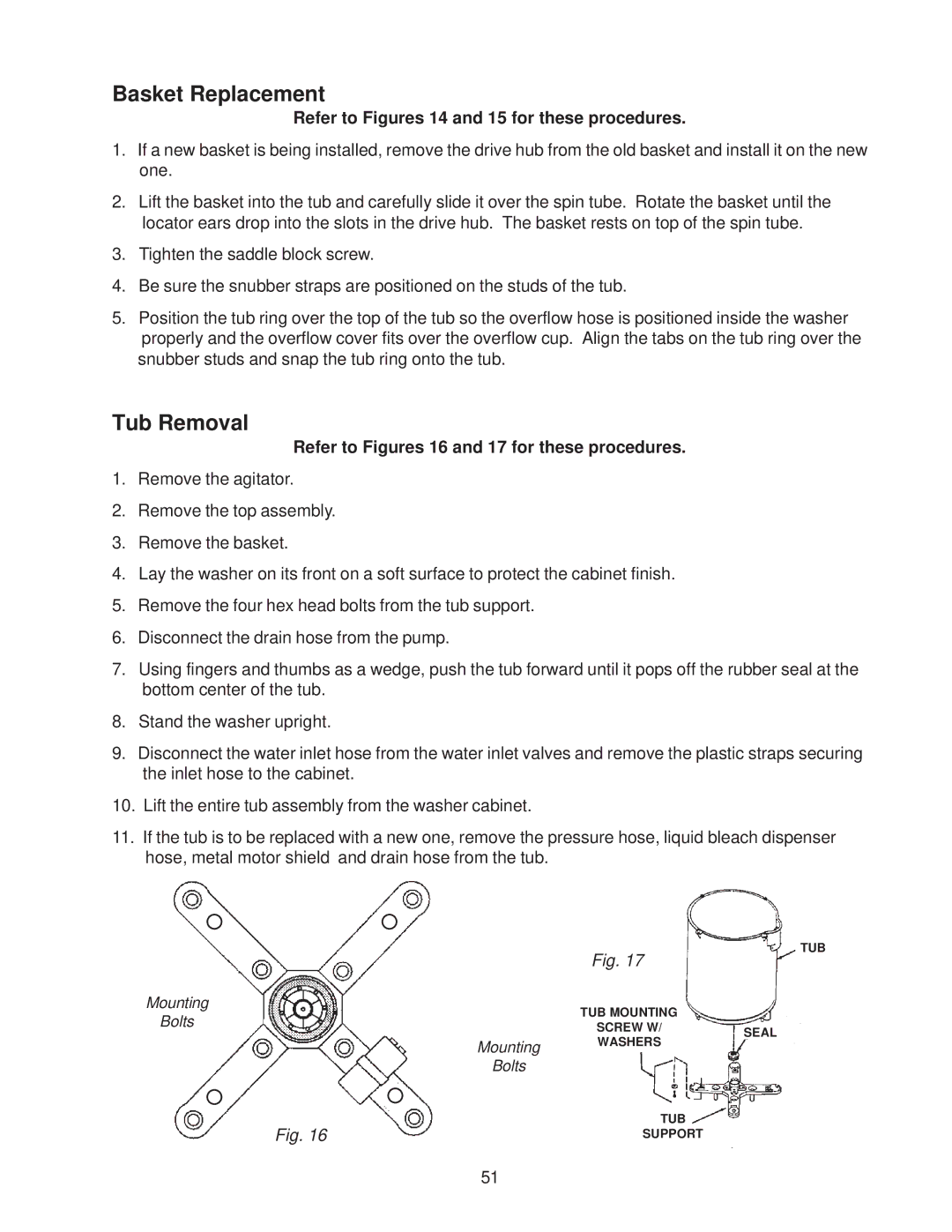 Whirlpool 4322616 manual Basket Replacement, Tub Removal, Refer to Figures 16 and 17 for these procedures 