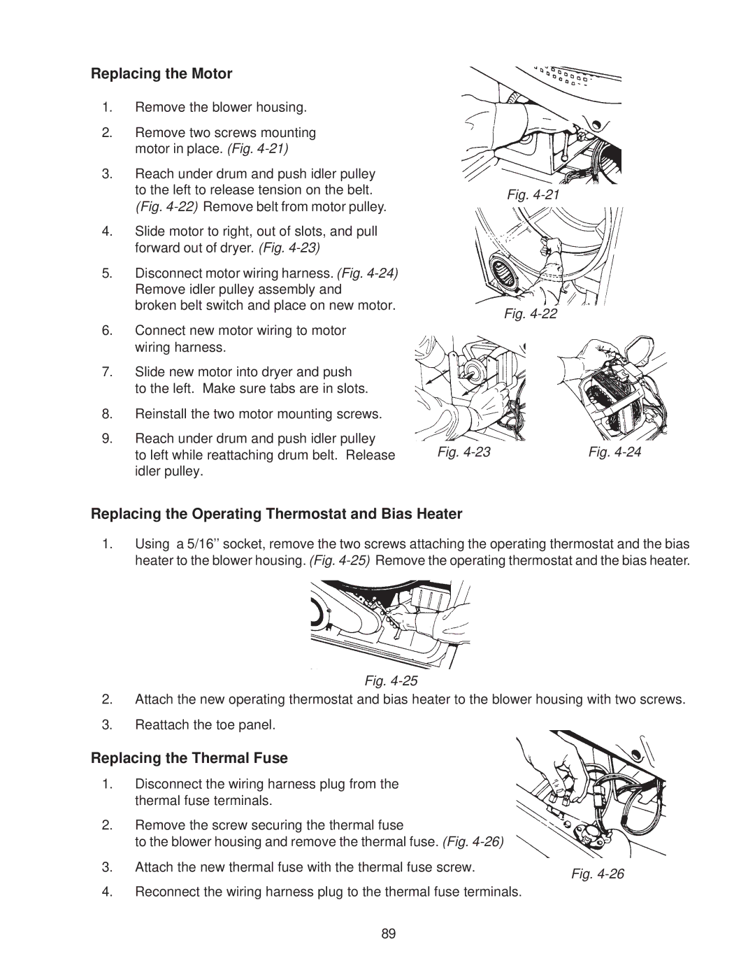 Whirlpool 4322616 Replacing the Motor, Replacing the Operating Thermostat and Bias Heater, Replacing the Thermal Fuse 