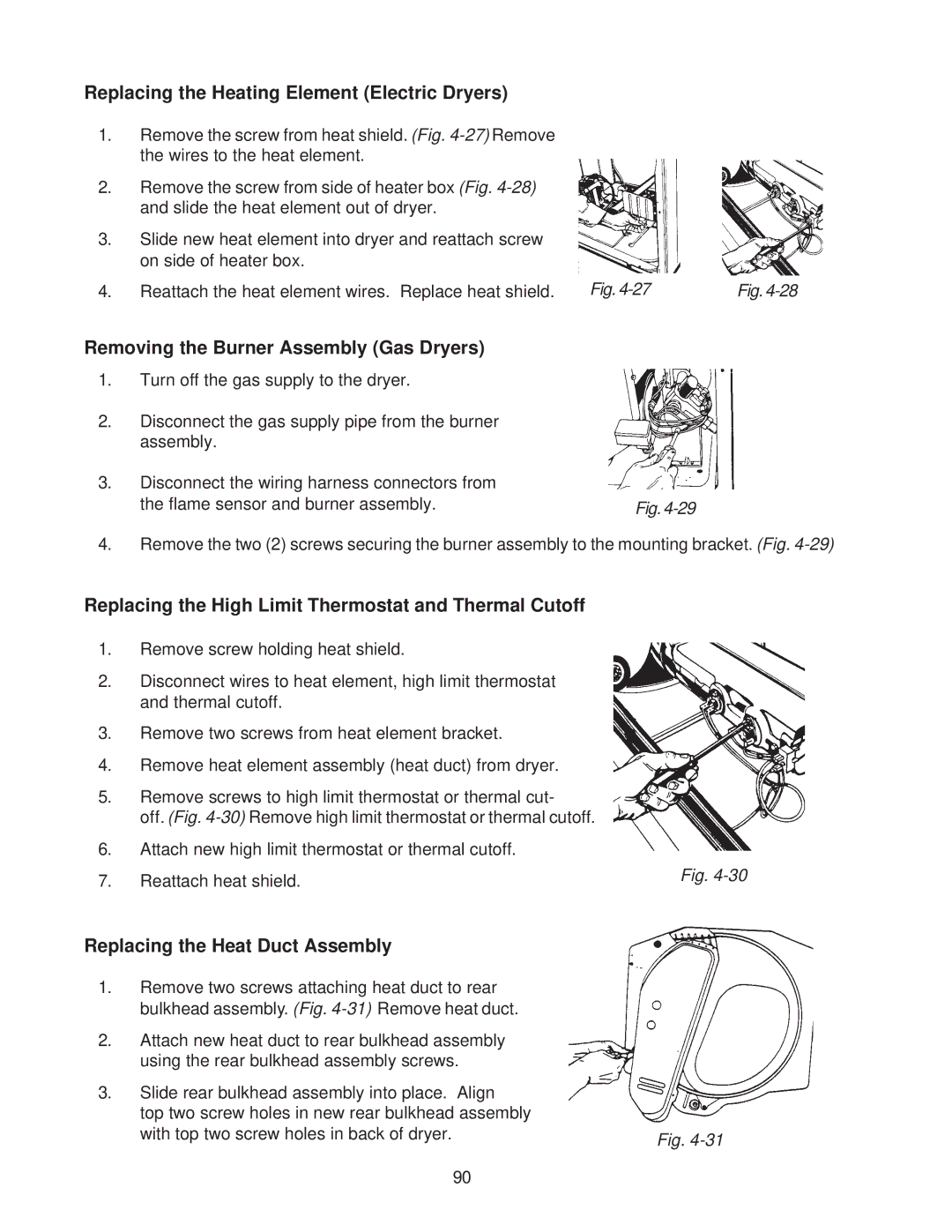 Whirlpool 4322616 manual Replacing the Heating Element Electric Dryers, Removing the Burner Assembly Gas Dryers 