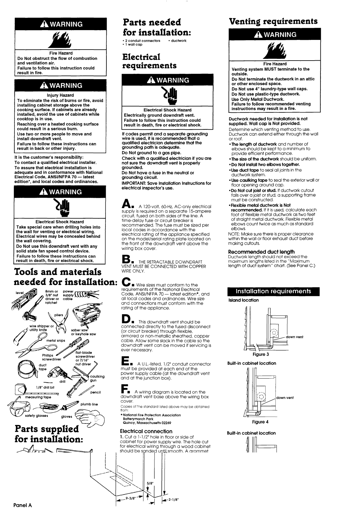 Whirlpool 4.32E+13 Parts needed for installation, Venting requirements, Tools and materials needed for installation 