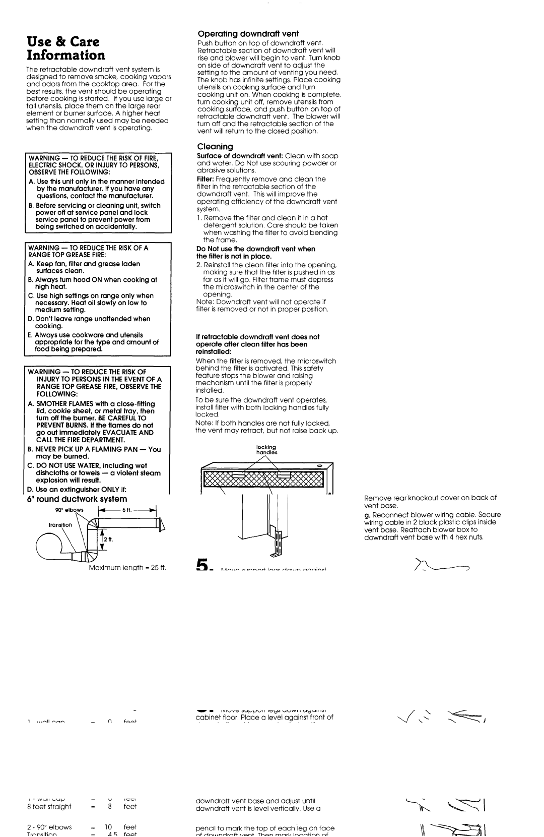 Whirlpool 4.32E+13 installation instructions Use & Care Information, Operating downdraft vent, Cleaning, Panel E 