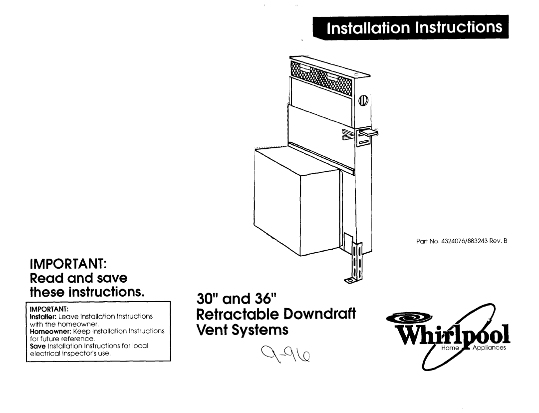Whirlpool 4.32E+13 installation instructions 30” and 36” Retractable Downdraft Vent Systems, @/+\b 