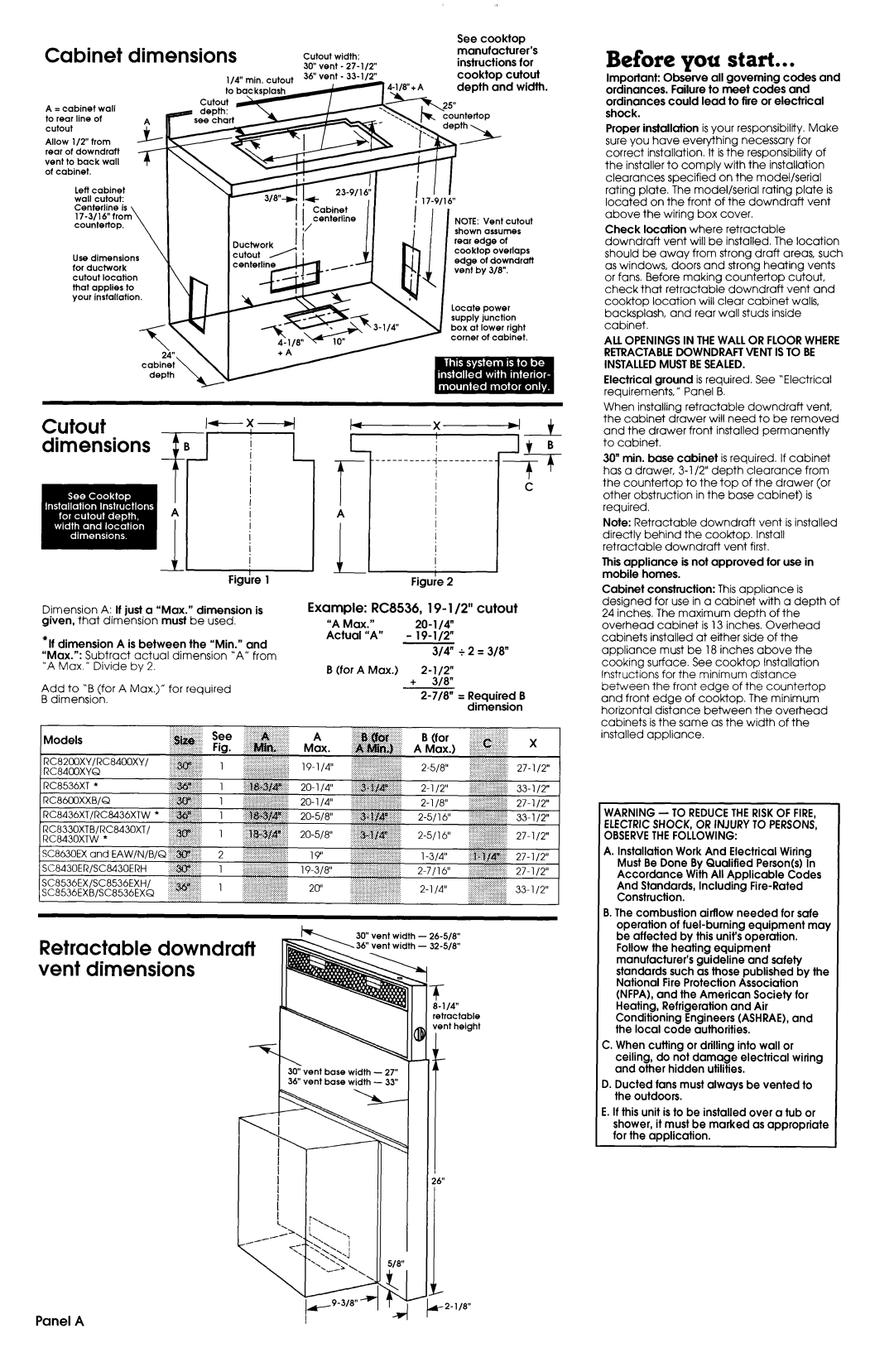 Whirlpool 4.32E+13 Before you start, Cabinet di, dimensions JFj, Example RC8536, 19- l/2” cutout, Panel A, Jt -i+, x---d 