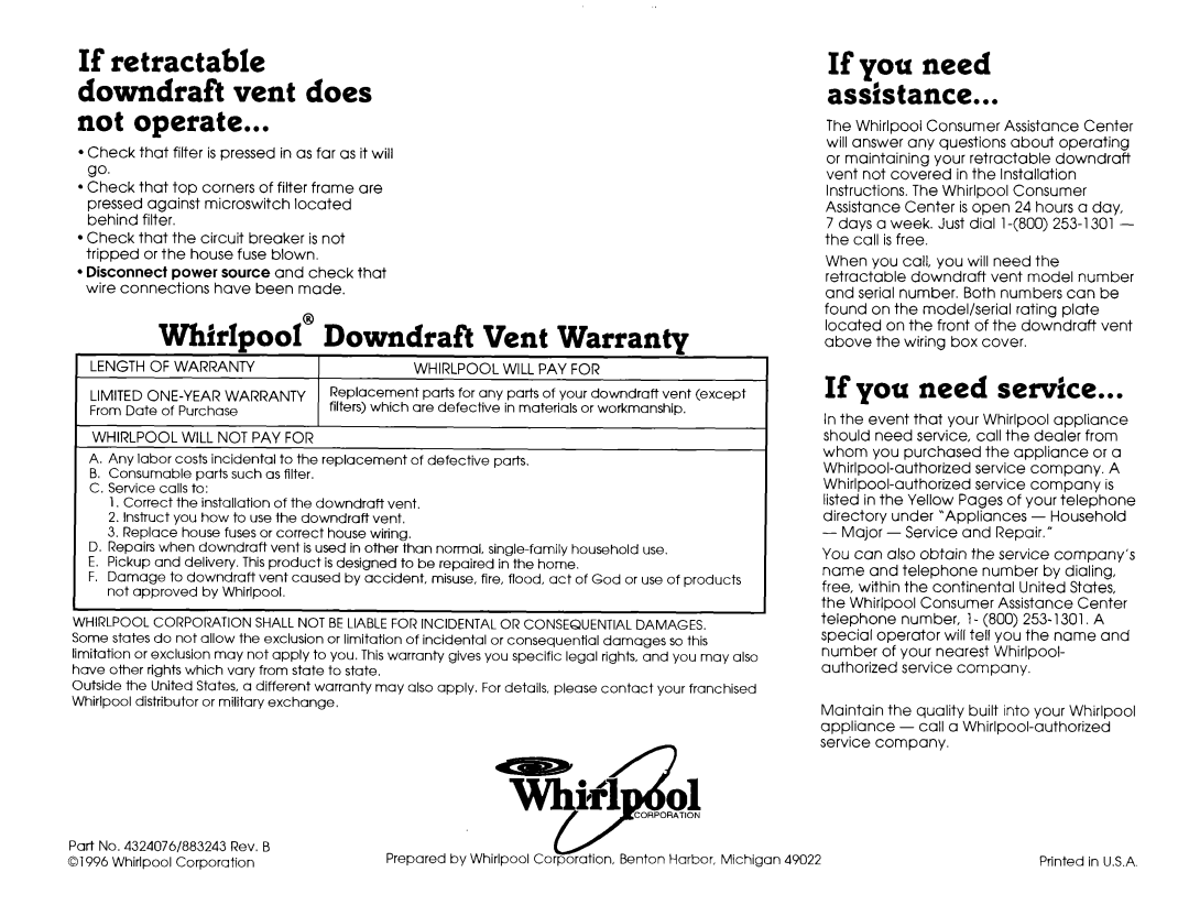 Whirlpool 4.32E+13 If retractable downdraft vent does not operate, Whirlpool@ Downdraft Vent WarrantyL 