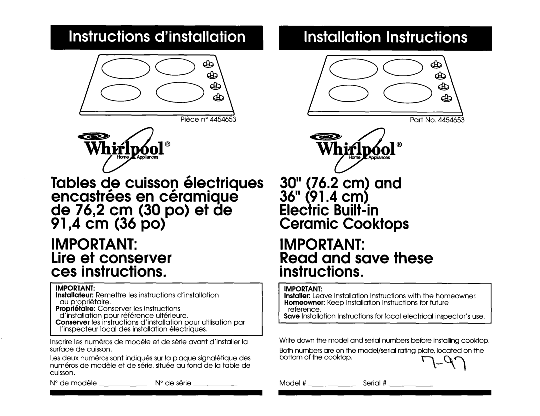 Whirlpool 4454653 installation instructions Wid, Important Lire et conserver ces instructions 