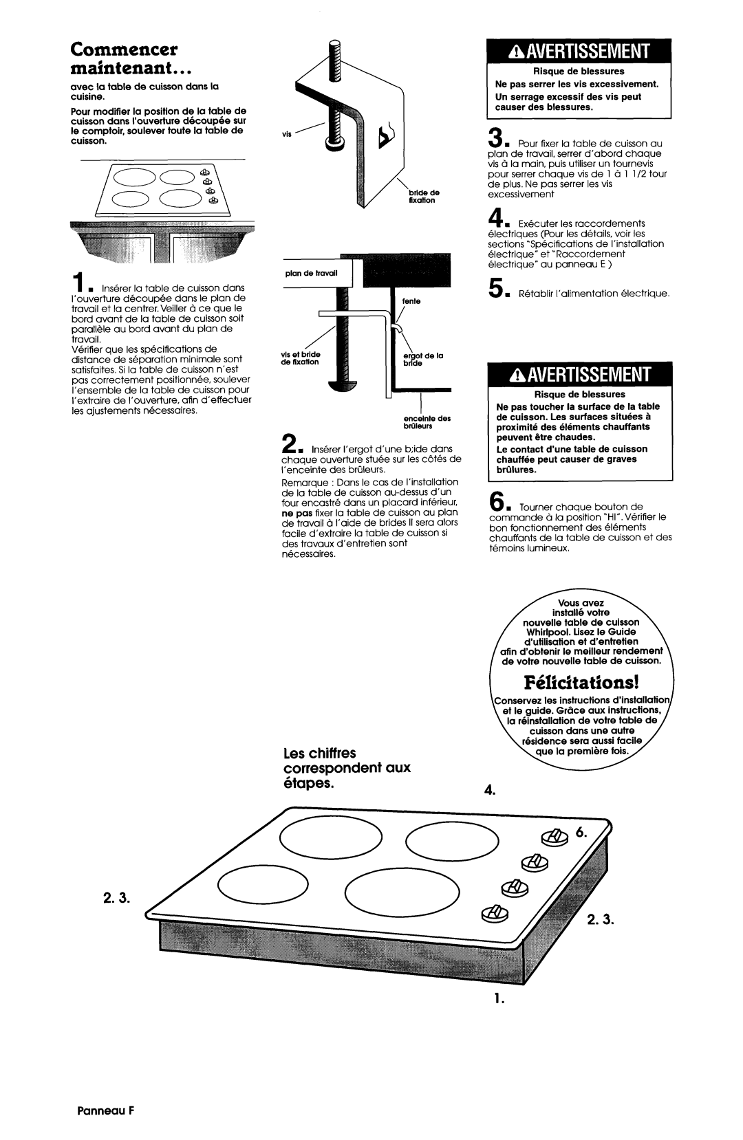 Whirlpool 4454653 installation instructions Commencer mahtenant, Citations, Panneau F 