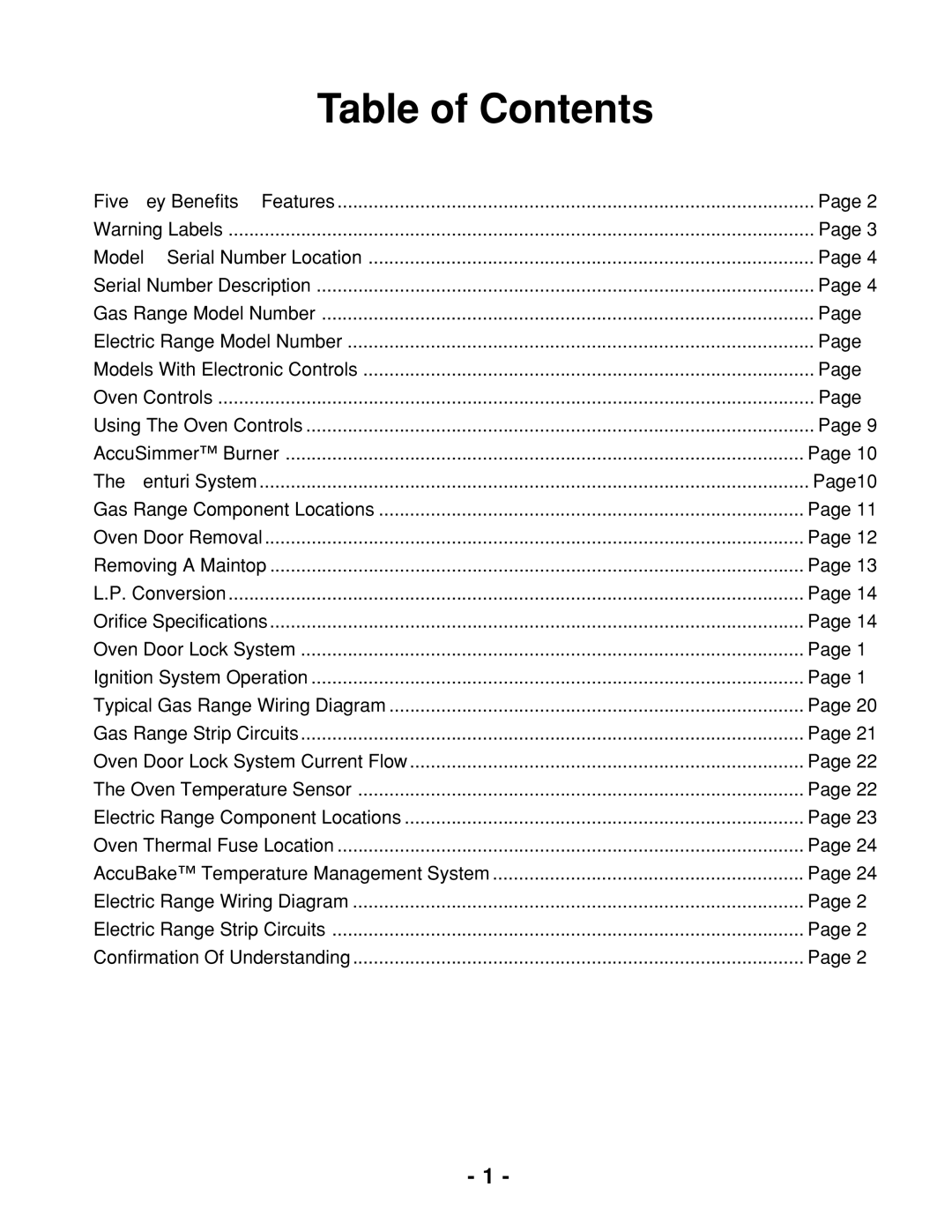 Whirlpool 465 manual Table of Contents 