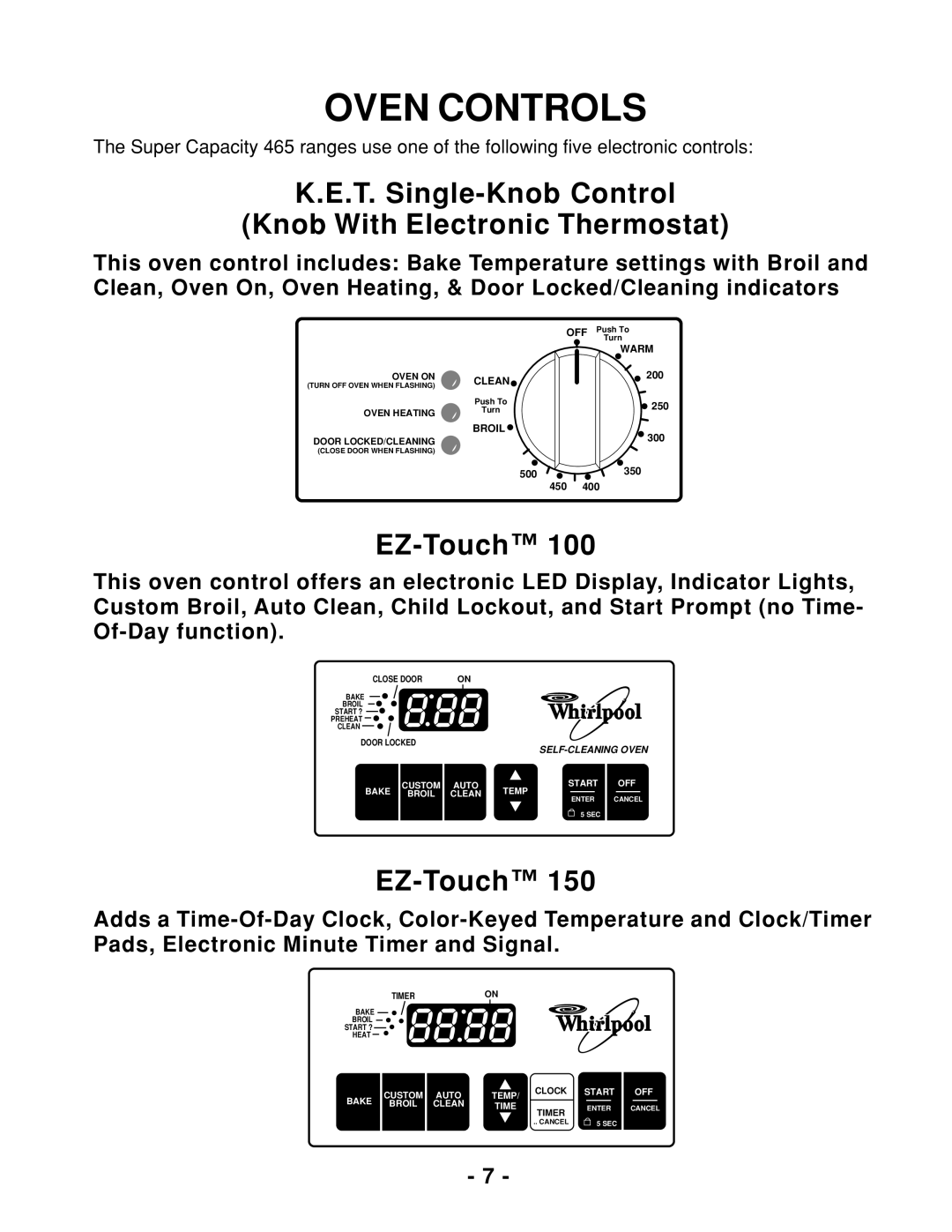 Whirlpool 465 manual Oven Controls, T. Single-Knob Control Knob With Electronic Thermostat, EZ-Touch 