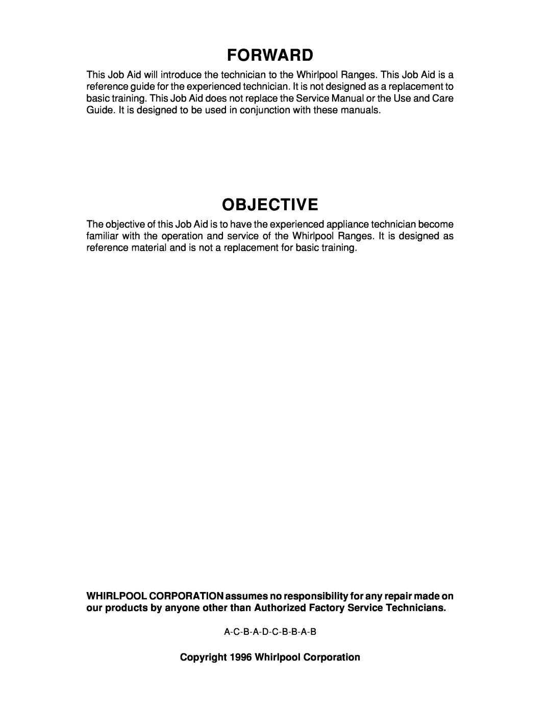 Whirlpool 465 manual Forward, Objective, Copyright 1996 Whirlpool Corporation 