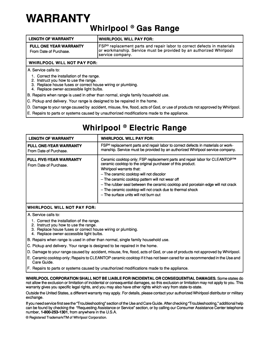 Whirlpool 465 manual Warranty, Whirlpool Gas Range, Whirlpool Electric Range 