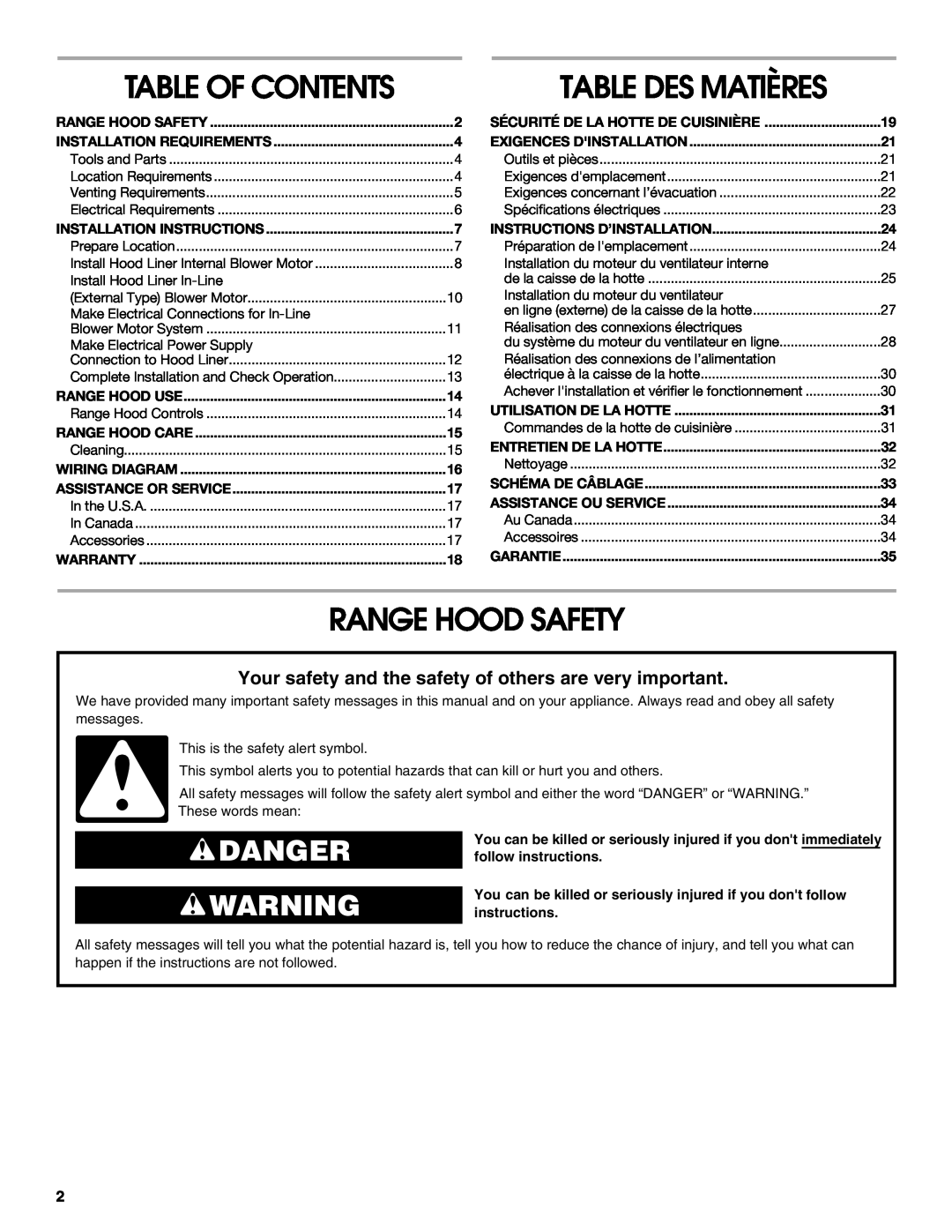 Whirlpool 48 Range Hood Safety, Table Des Matières, Danger, Table Of Contents, Installation Requirements, Range Hood Use 