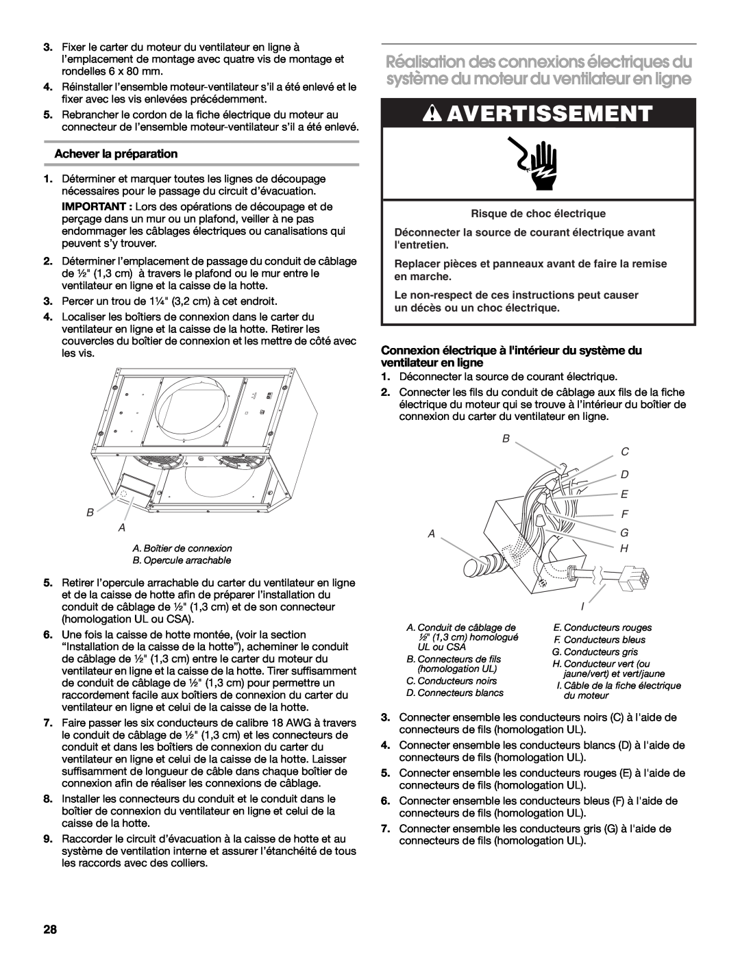 Whirlpool 48, 36 installation instructions Avertissement, Achever la préparation, C D E F G H 