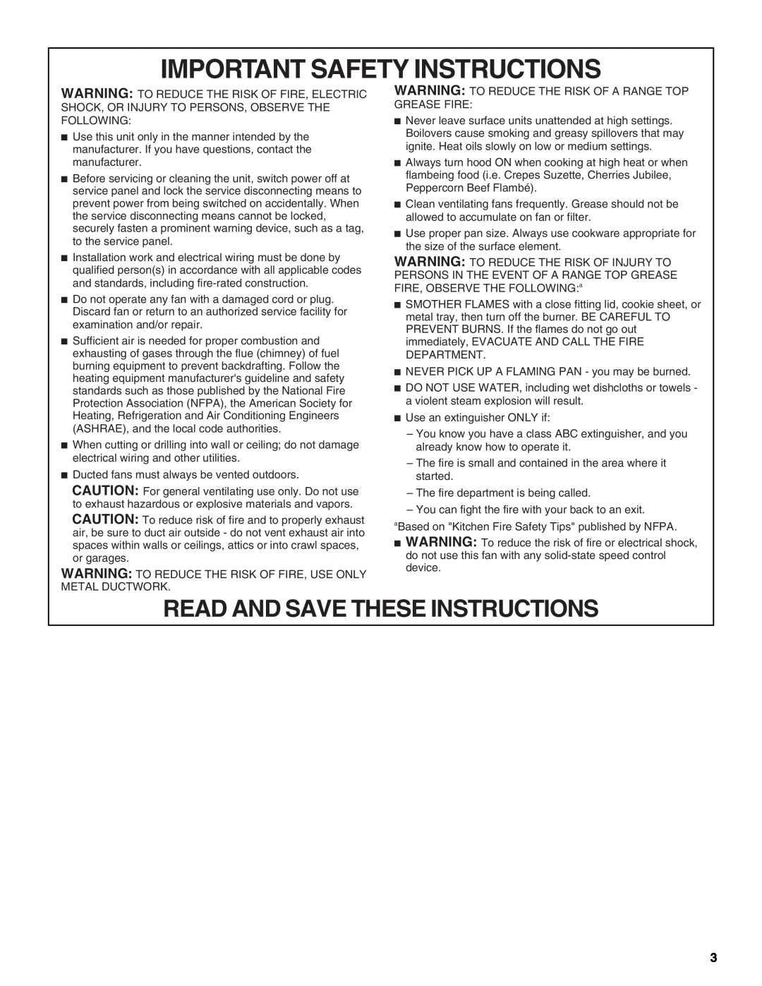 Whirlpool 36, 48 installation instructions Important Safety Instructions, Read And Save These Instructions 