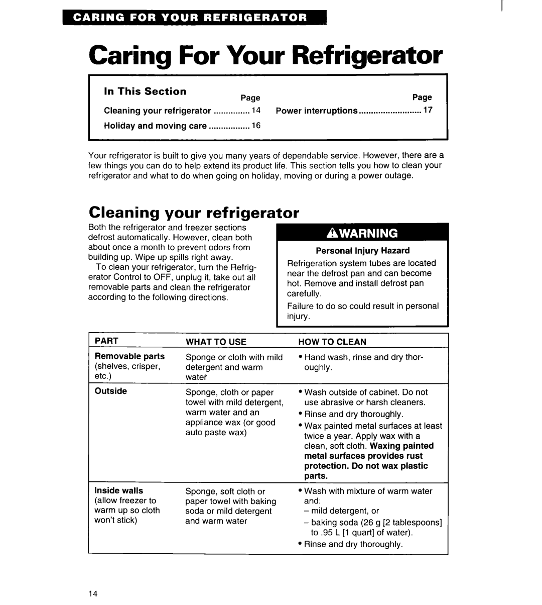 Whirlpool 4ED20ZK Caring For Your Refrigerator, Cleaning your refrigerator, Part, What to USE, HOW to Clean 