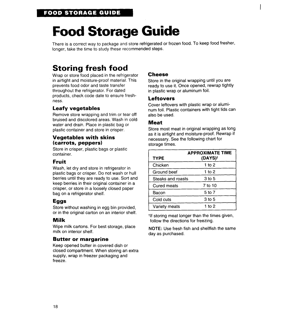 Whirlpool 4ED20ZK important safety instructions Food Storage Guide, Storing fresh food 