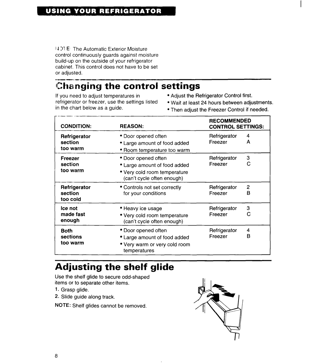 Whirlpool 4ED20ZK important safety instructions Chmging Control Settings, Adjusting the shelf glide, Condition, Recommended 